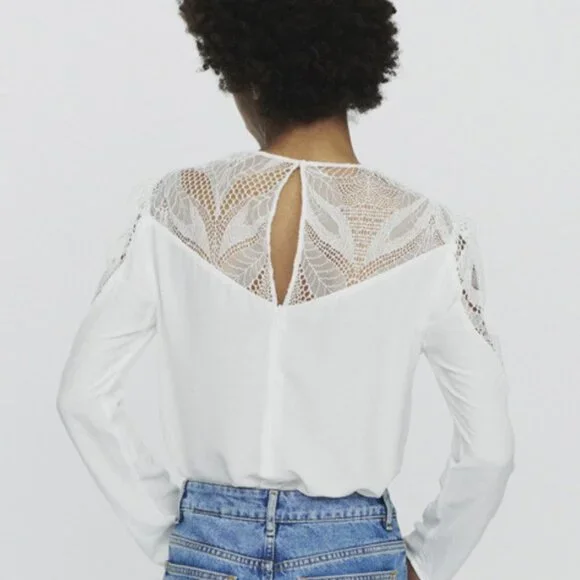 Maje Paris Leana Lace Insert Long Sleeve Off-White Silk Shirt - Picture 2 of 10